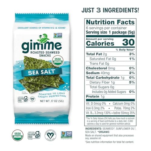 Gimme Seaweed Organic Premium Roasted Seaweed Snacks, Sea Salt, 6 Count, Keto, Vegan, Gluten-Free, Great Source of Omega3s and Iodine, Healthy On-The-Go Snack for Kids and Adults - View 2
