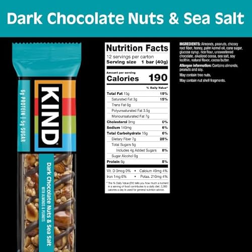 KIND Nut Bars, Dark Chocolate Nuts and Sea Salt, Healthy Snacks, Gluten Free, Low Sugar, 6g Protein, 12 Count - View 2