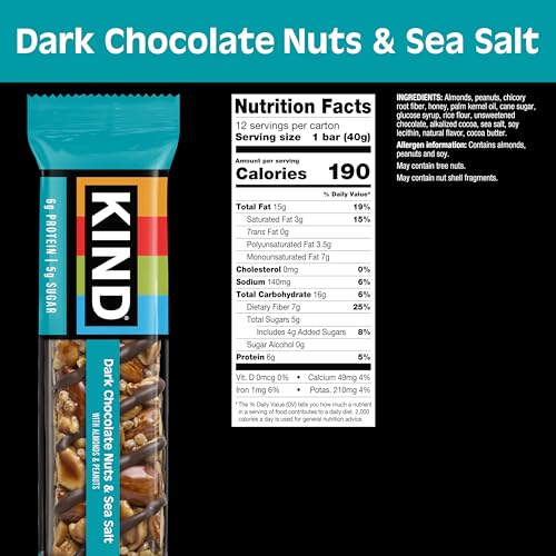 KIND Nut Bars, Dark Chocolate Nuts and Sea Salt, Healthy Snacks, Gluten Free, Low Sugar, 6g Protein, 12 Count - View 8